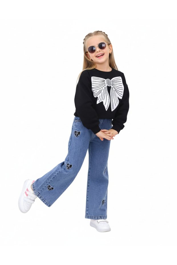 Girls' matching top and bottom set, seasonal two-piece set: top and bottom, soft denim jeans with elastic waistband, cotton.