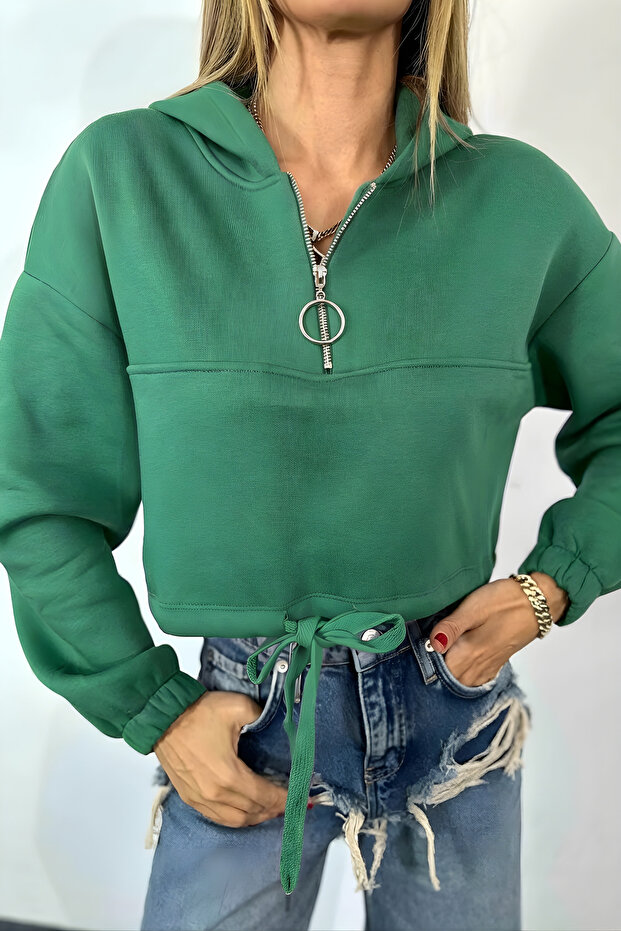 Women's Half Zipper Hooded Lace-Up Crop Sweatshirt – Green
