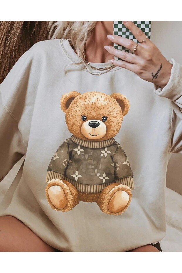 Bear Printed Oversized Cut Long Sleeve Organic Cotton Sweatshirt