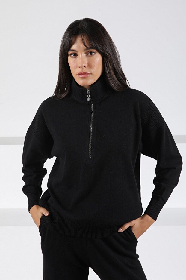 Black Long Sleeve Half Turtleneck Zippered Cashmere Women's Knitwear Sweater