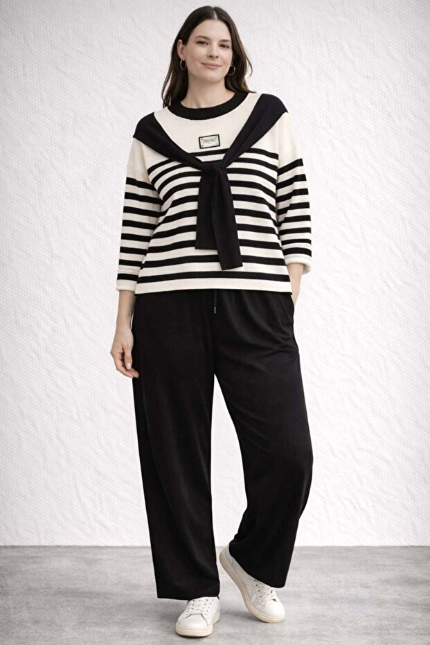 Plus size tie-up neck knit two-piece set - black
