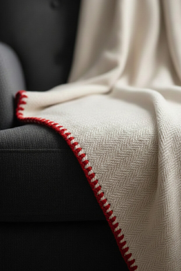 Peace Silk - Wool - Cotton Blend Handwoven Single Blanket - Crocheted Red 140 X 1