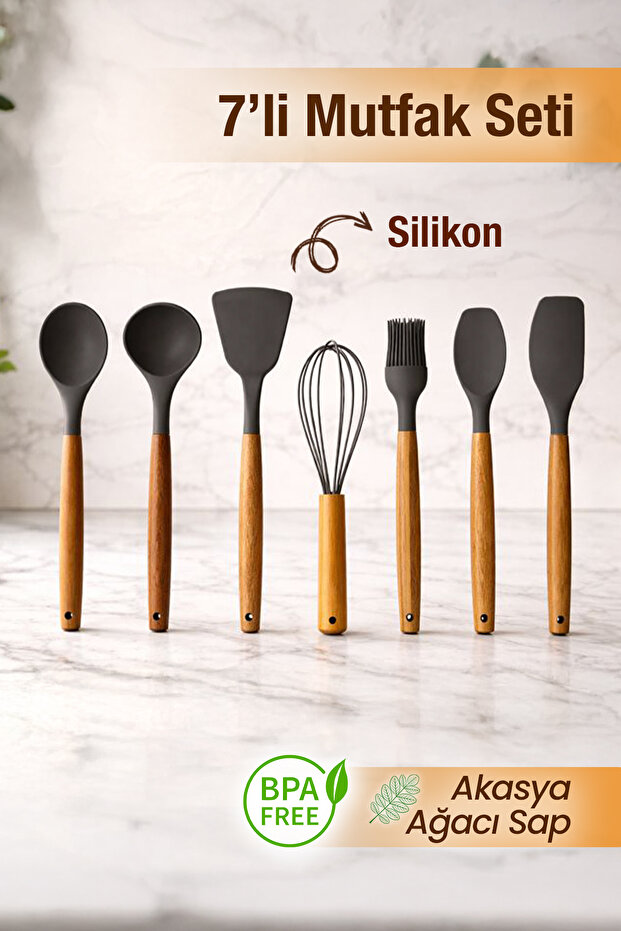 7-Piece Serving Set - Heat-Resistant Silicone Spoon Ladle Spatula Whisk Kitchen Utensils with Acacia Handle