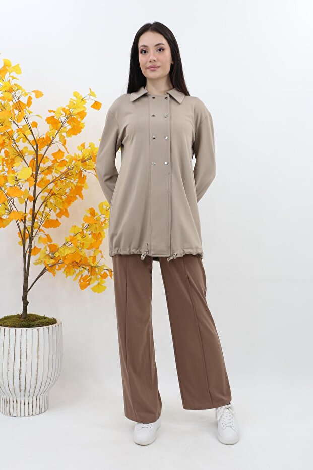 Süs Düğme Örme Tunik - Bej - 1