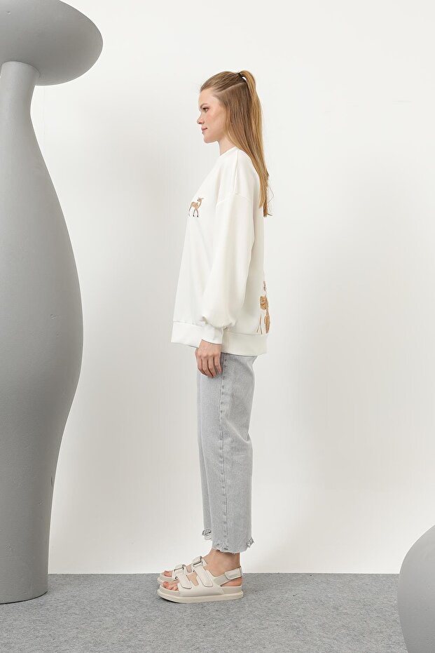 Ceylan Nakış Desenli Basic Sweat Tunik - Ekru - 5