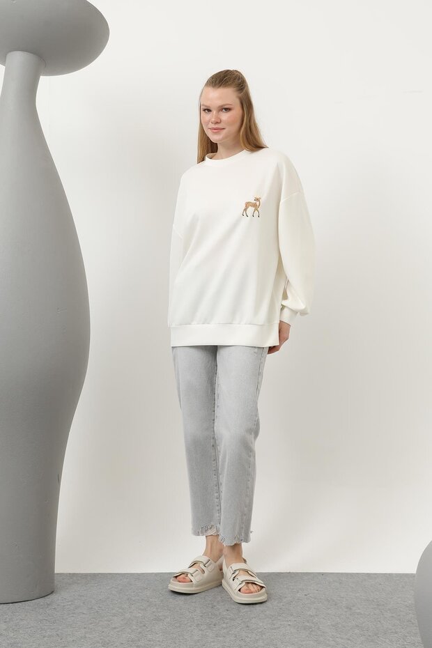 Ceylan Nakış Desenli Basic Sweat Tunik - Ekru - 4