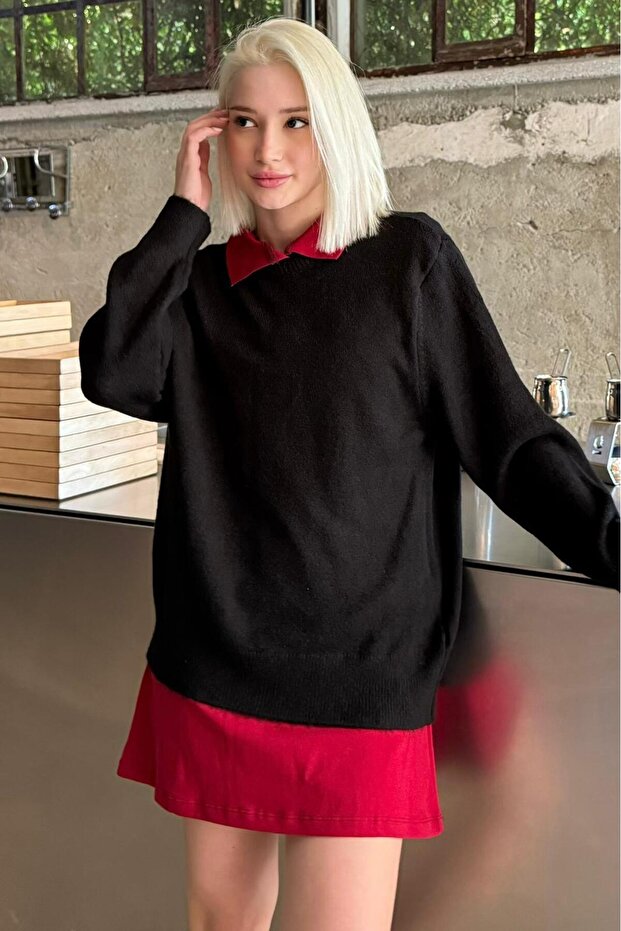 Black Crew Neck Women's Knitwear Sweater Sh336