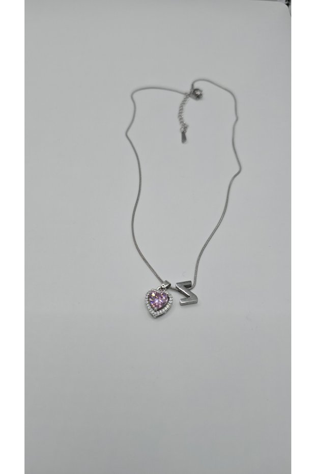 Silver Color-Z-Letter Necklace with Zircon Stone Steel Heart Detail