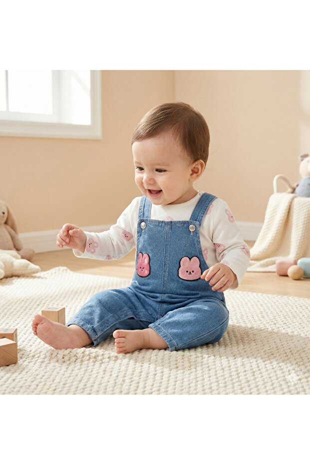 Baby Salopet Set 100% Cotton Rabbit Patterned Long Sleeve Baby Girl Set