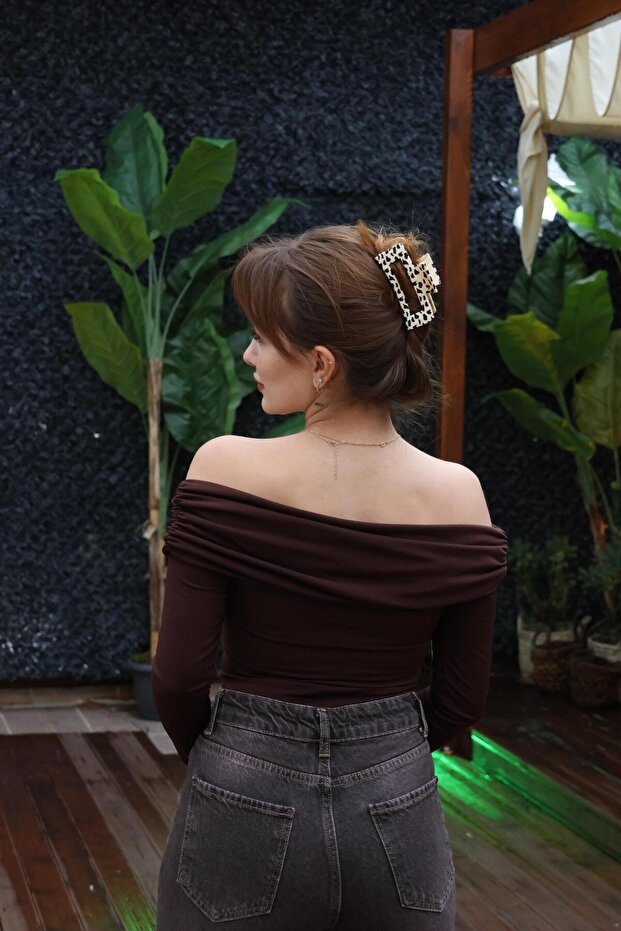 ACI KAHVE DRAPELİ KAYIK YAKA BLUZ - 6