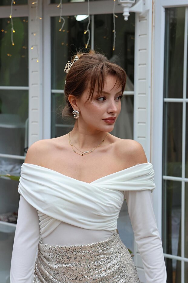 BEYAZ DRAPELİ KAYIK YAKA BLUZ - 5