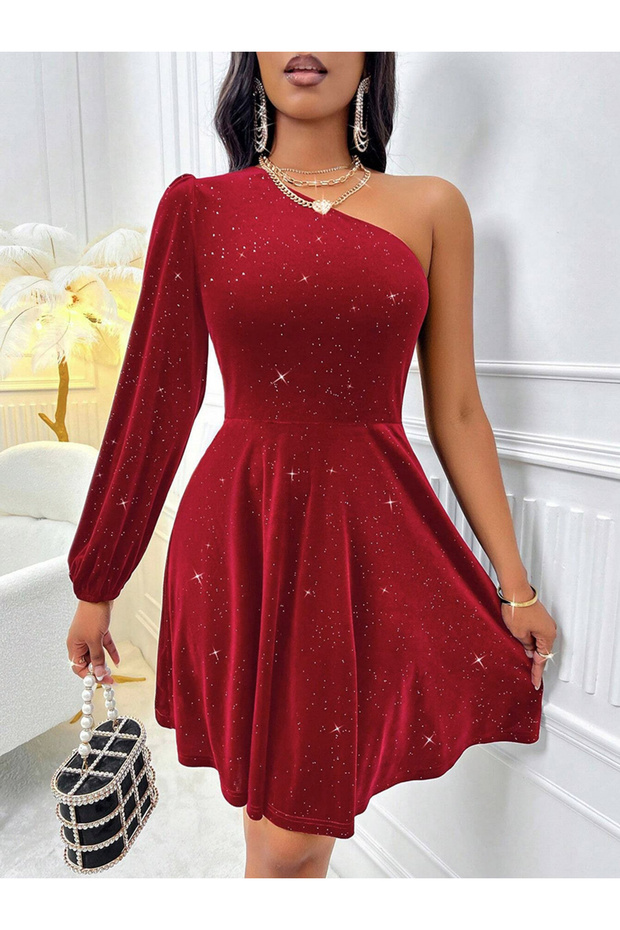 Women's Solid One Shoulder Pleated Detail Velvet Mini Dress