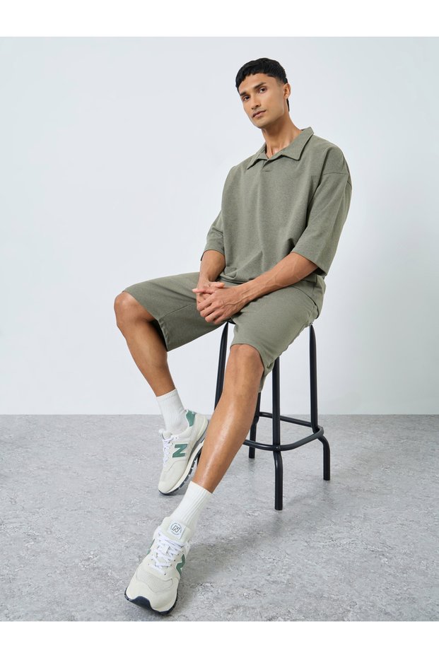 Olive Green Men Polo Shirt and Shorts Co-Ords