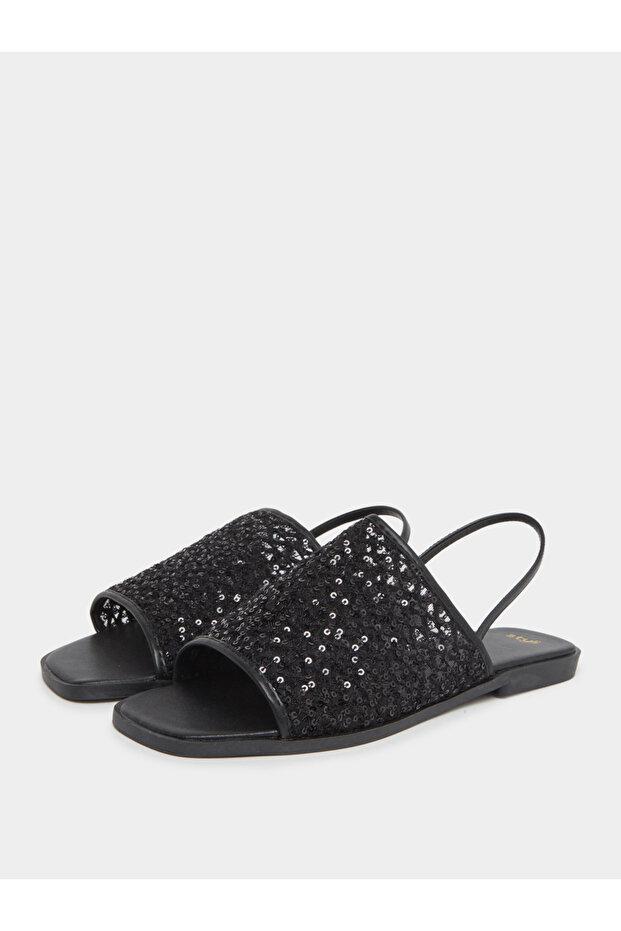 Black Sequin Flat Sandals - 2