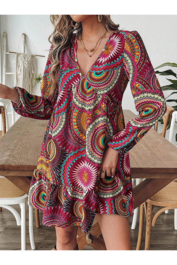 Women's Allover Printed V Neck Long Sleeve Mini Dress