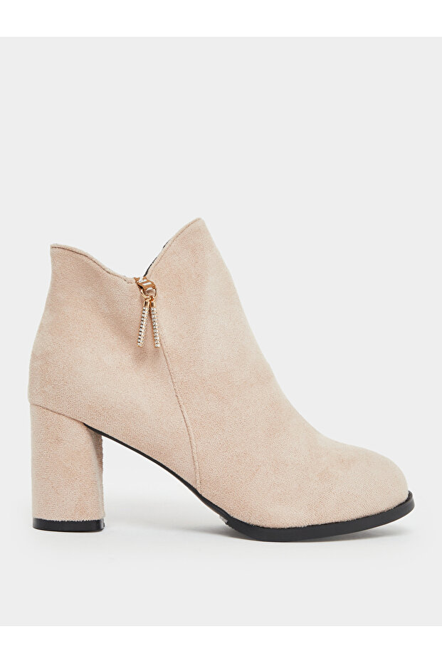 Women Beige Suede Block Heel Ankle Boots
