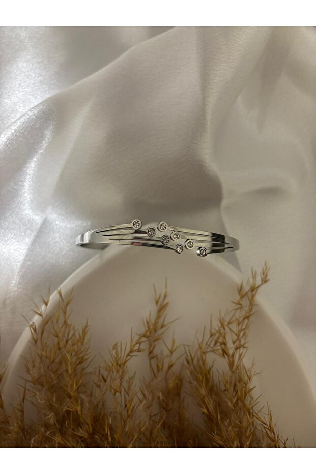 Stone Detailed Steel Cuff Bracelet