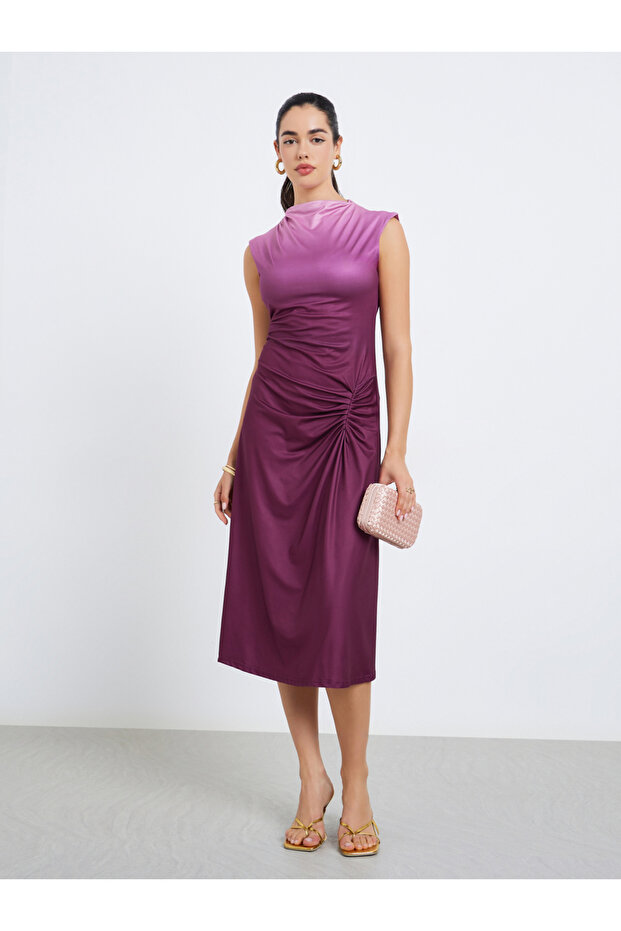 Women Ruched Ombre Look Sheath Midi Dress