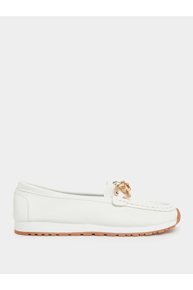 White Leather Loafers with Gold Buckle