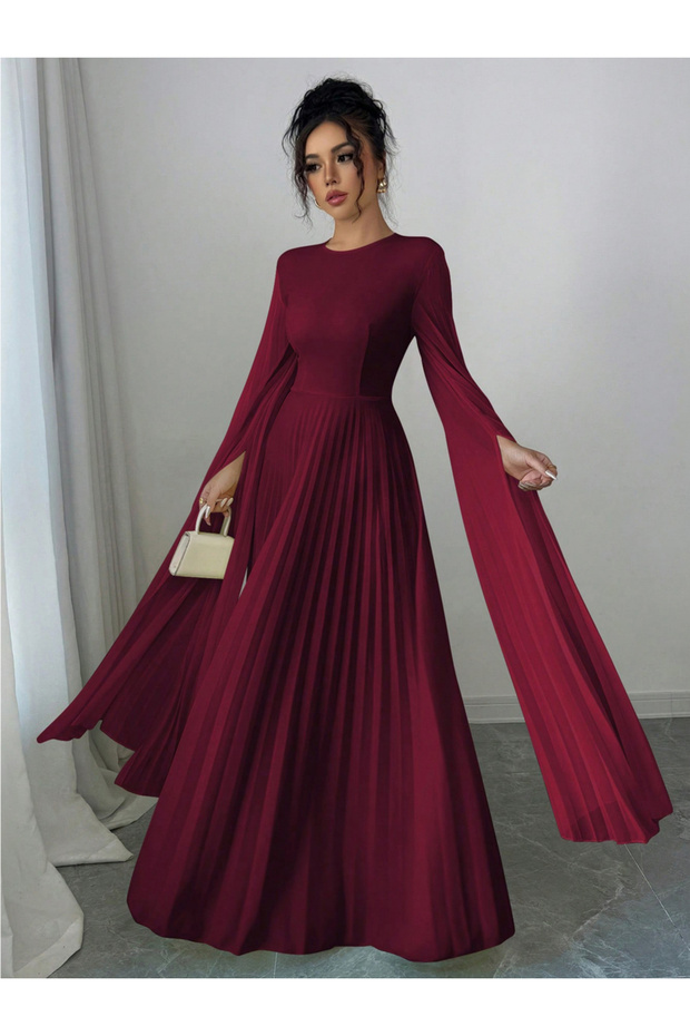 Women Burgundy Pleated Maxi Dress