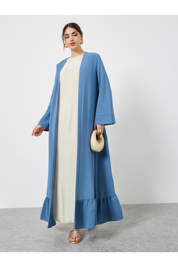 Blue Ruffle Hem Open Abaya