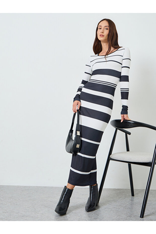 Women Mono Striped Bodycon Midi Dress