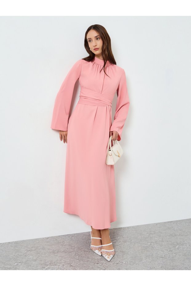 Women High Neck Maxi Dress with Tie Waist