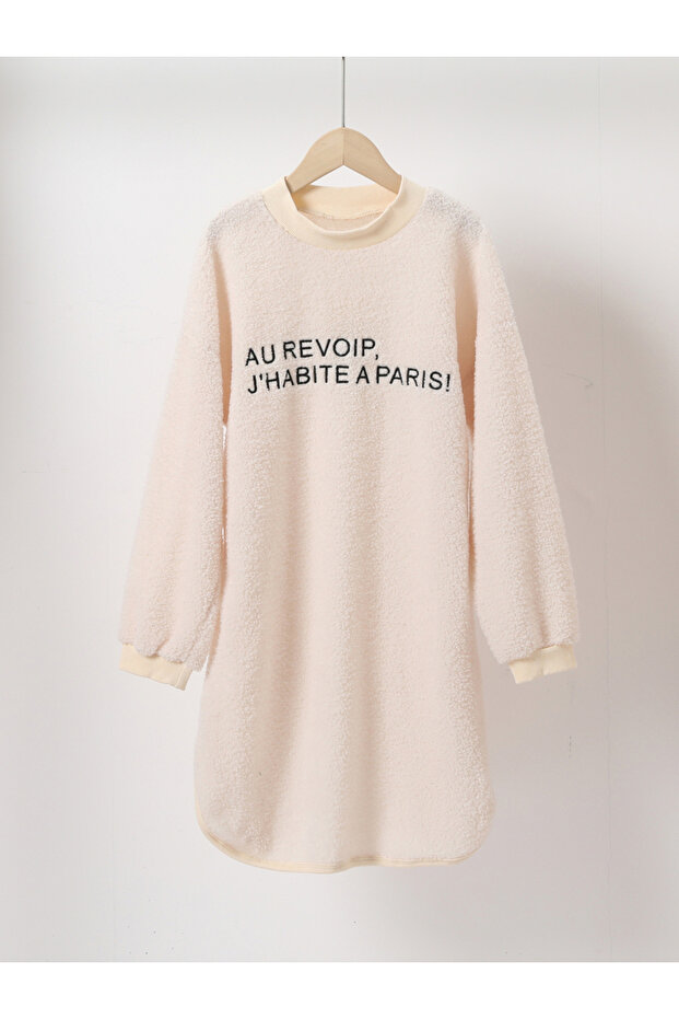 Girl Beige Embroidered Long Sleeve Mini Dress