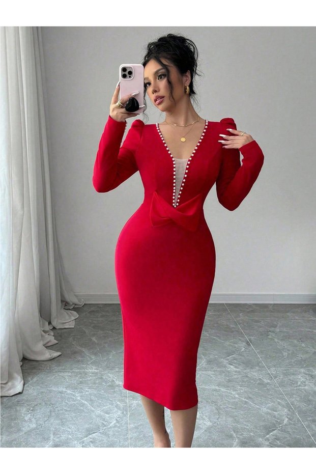 Women Faux Pearl Embellished Fitted Waist Midi Dress