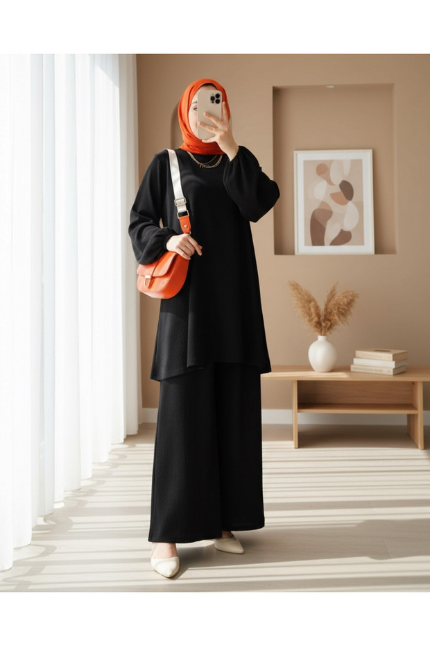 Women's Black Tunic Trousers Top and Bottom Set 6663