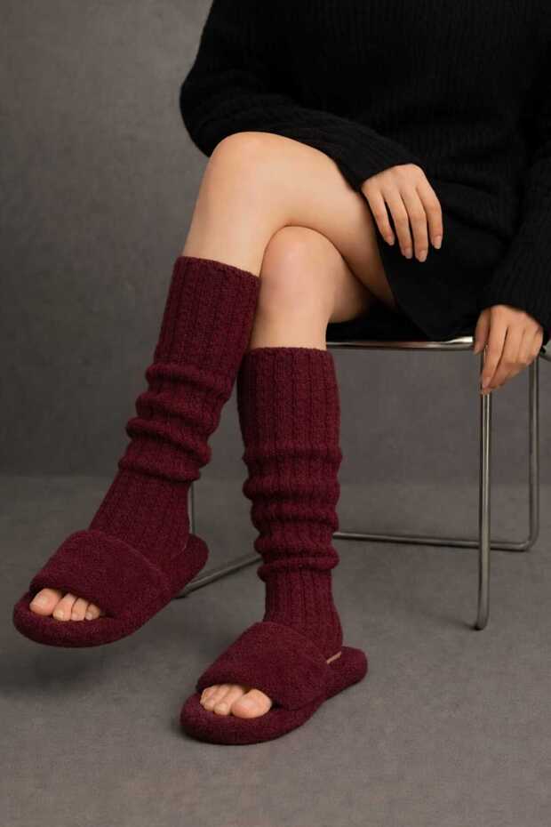 100% Acrylic Premium Knitwear Knitted Foot Warmer Leggings Burgundy