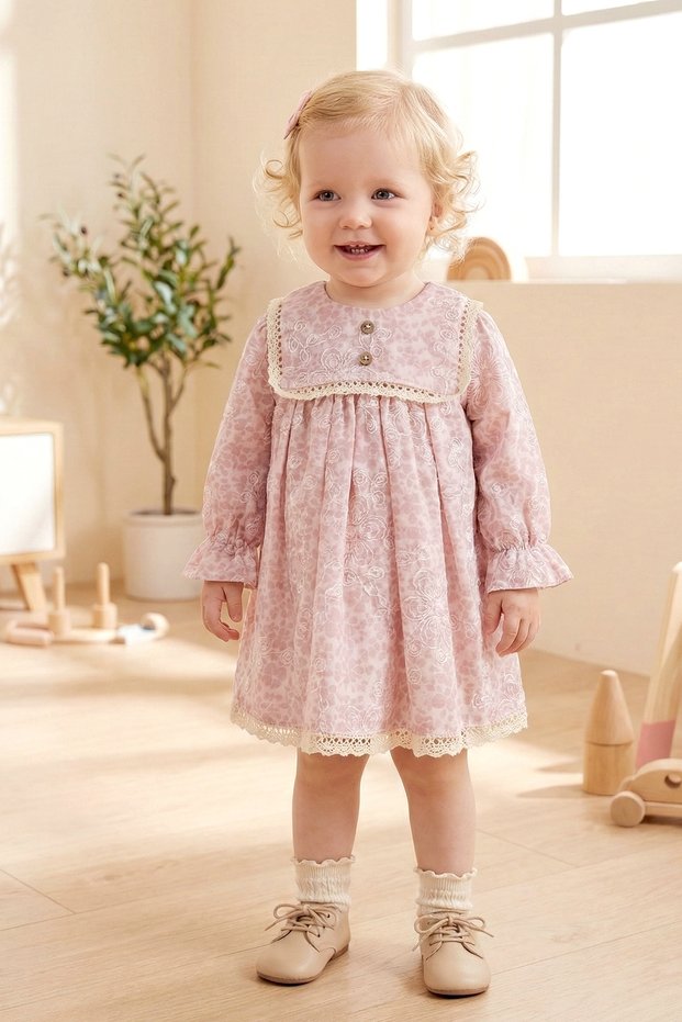Embossed Floral Lacy 100% Cotton Special Occasion Baby Girl Dress