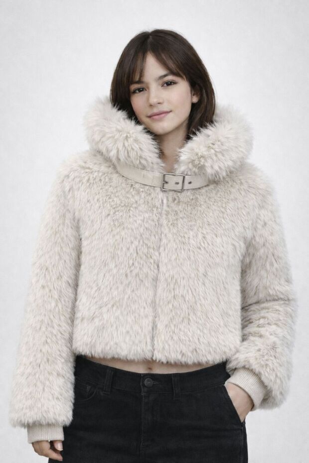 Women's Stone Color Collar Detailed Zippered Soft Fur