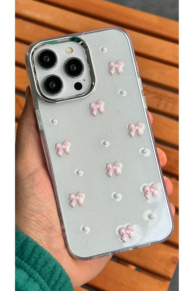 iPhone 14 Pro - Transparent Glittery White Bow Pattern Cover with Camera Protrusion Glossy Case — Color: Pink