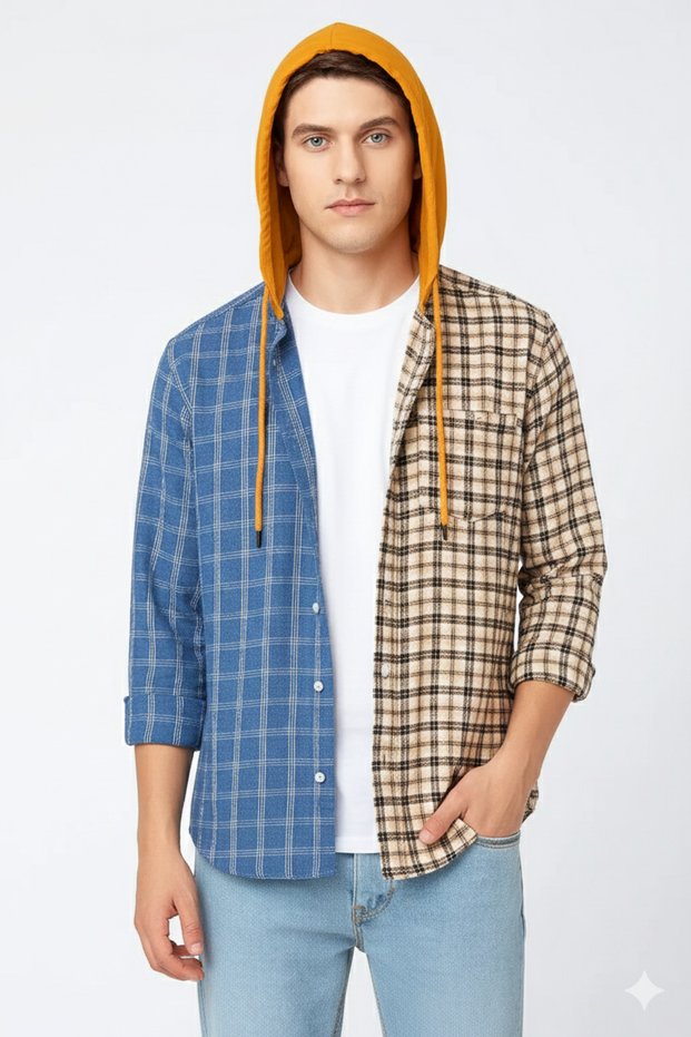 Tone Plaid Hoodie Shirt – Blue & Beige with Mustard Hood