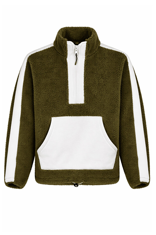 Unisex Oversized Plush Fleece Jacket 100% Cotton Welsoft Mock Neck Zippered Kangaroo Pocket