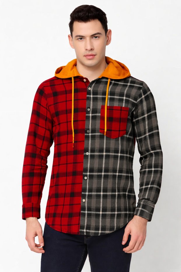 Two-Tone Plaid Hoodie Shirt – Red & Grey with Mustard Hood