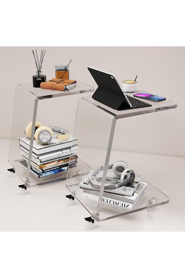 2-Pack Clear Acrylic C-Shaped Side Table, 10mm Thick Rolling End Table with Wheels