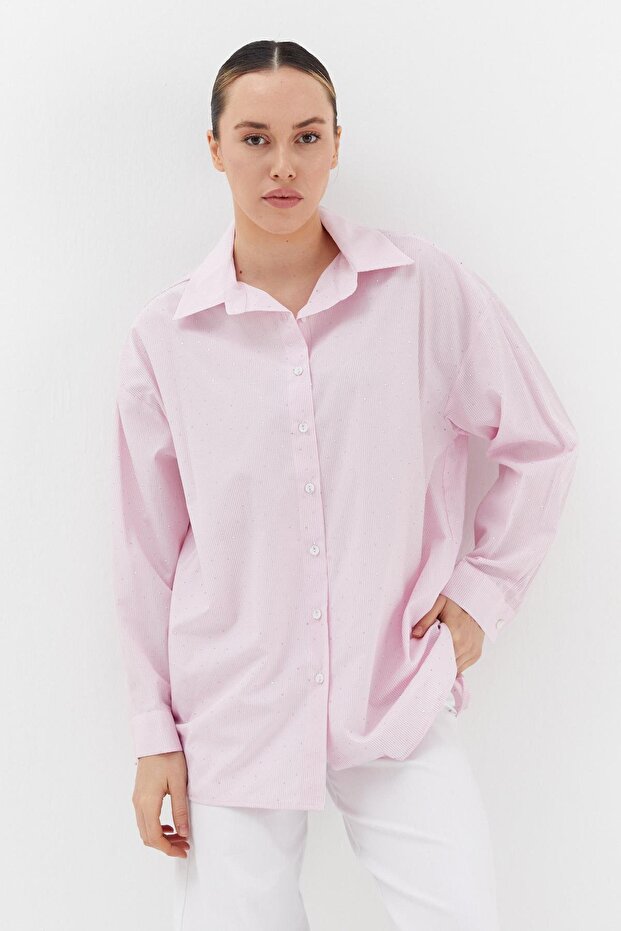Striped Stone Detailed Oversized Shirt Pink