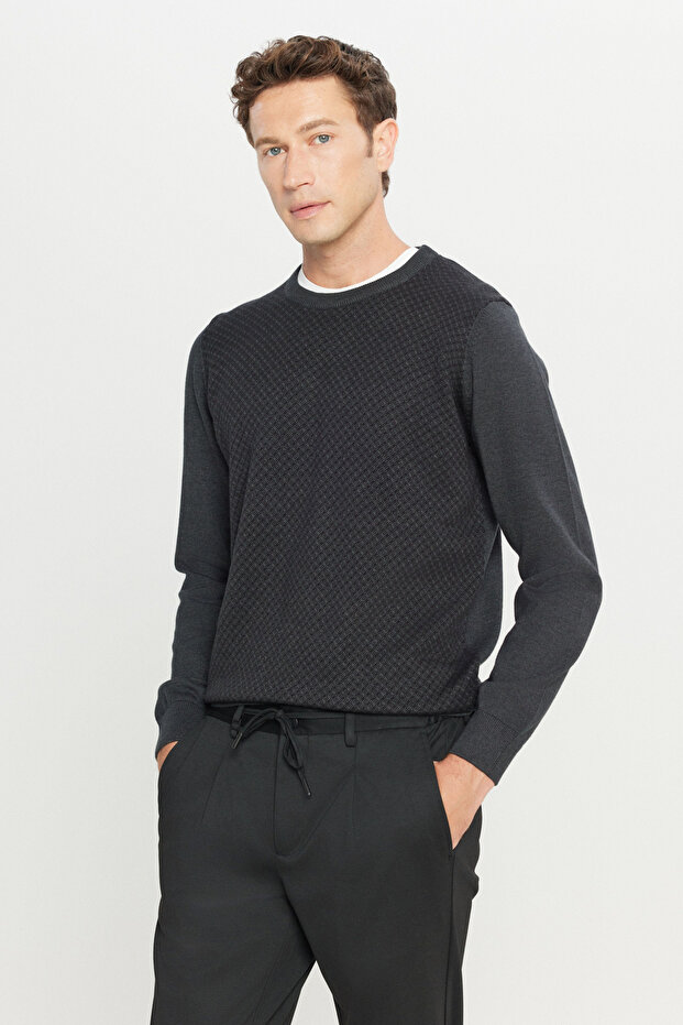 Men's Anthracite-Melange Cotton Standard Fit Regular Cut Crew Neck Patterned Knitwear Sweater