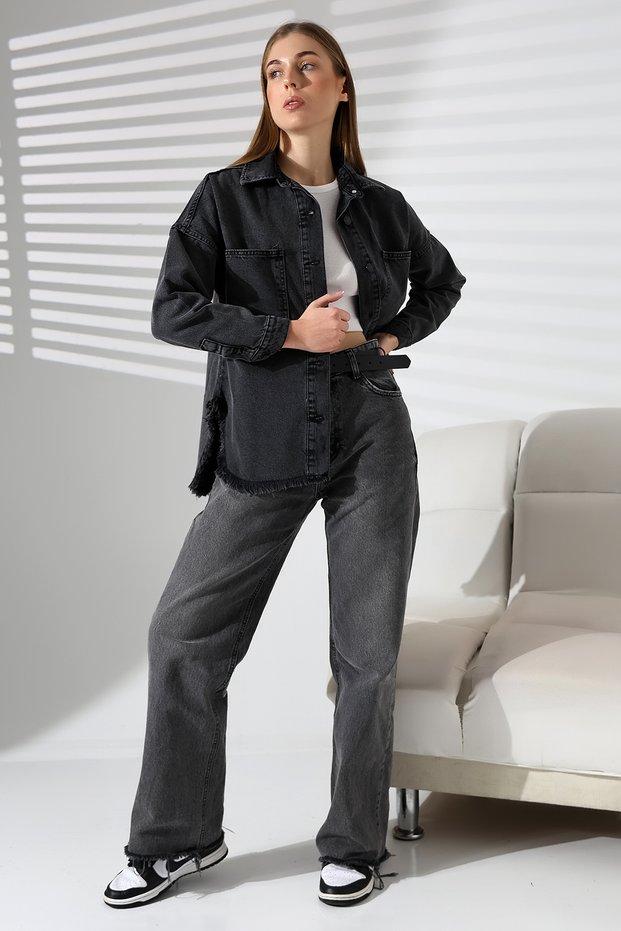 Women's Oversized Cut Tassel Denim Shirt Jacket Snow Wash Dark Black Color Casual Chic -Bnj4907