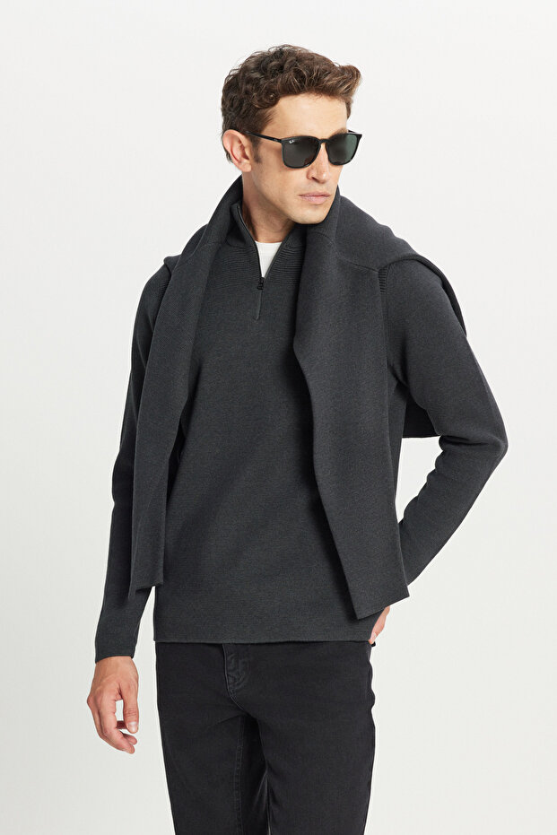 Men's Anthracite-Melange Cotton Slim Fit Slim Fit Bato Collar Textured Knitwear Sweater
