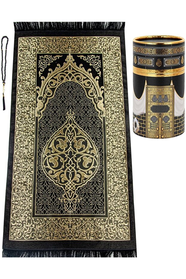 Muslim Prayer Rug and Beads with Elegant Design Cylinder Gift Box | Janamaz Sajadah Sof