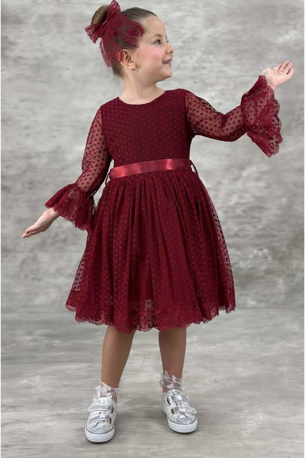 Girls' Princess Burgundy Dress with Polka Dot Detail on the Sleeves and Transparent Tulle