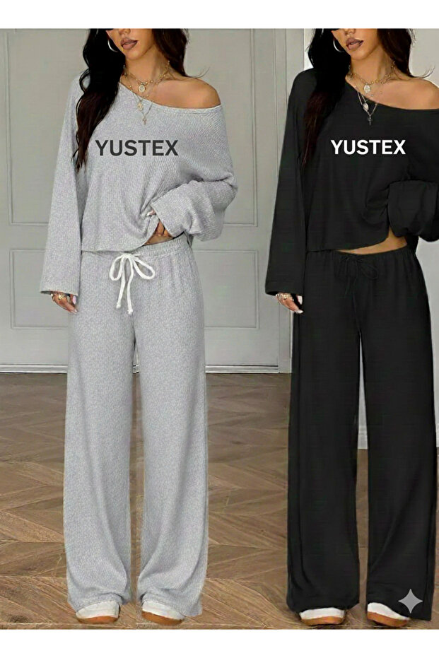 Transitional Women's 2 Piece Black + Gray Wide-Leg Baggy Plus Size Pocketed Adjustable Sweatpants