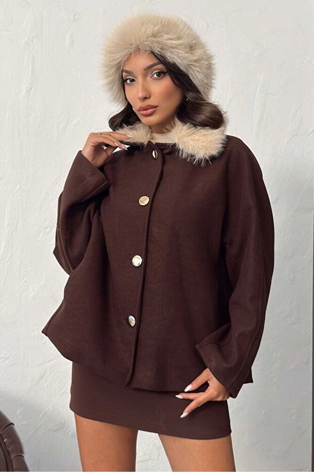 Plush Collared Buttoned Cashmere Coat - Brown | F2048