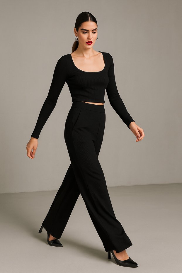 Women's black Corded Fabric wide leg pocketed pants two-piece set