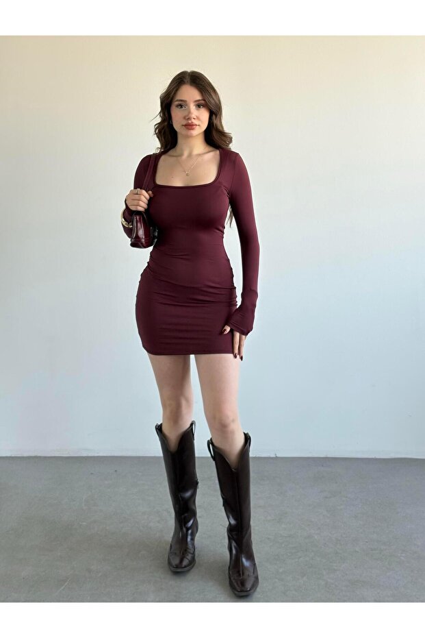 Kare Yaka Poliamid Mini Elbise - 2