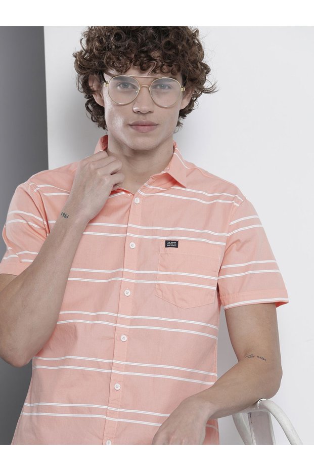 The Indian Garage Co Slim Fit Pink Striped Shirt