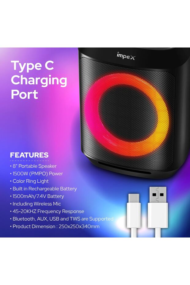 8 Inch Portable Bluetooth Speaker TS1109 1500W PMPO Ring Light Mic USB AUX TWS 2Yr - 7